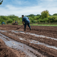 A man irrigating a field with river water in northern New Mexico.